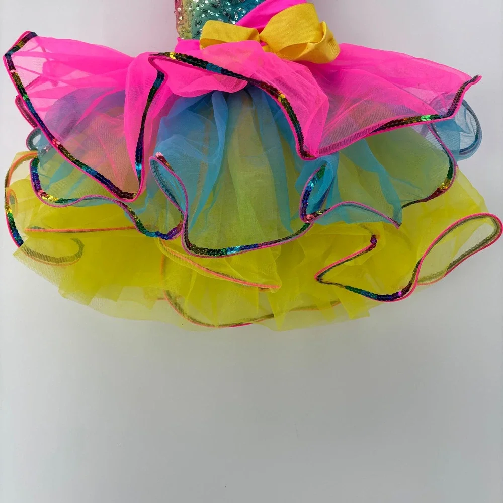 Weissman Kids Rainbow Sequin Dance Costume Tutu Leotard Neon Pink Yellow XSC